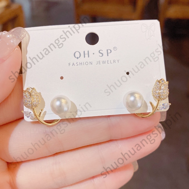 Khuyên Tai Hình Hoa Tulip Đính Kim Cương Giả Phong Cách Hàn Quốc Cá Tính Thời Trang Mới
