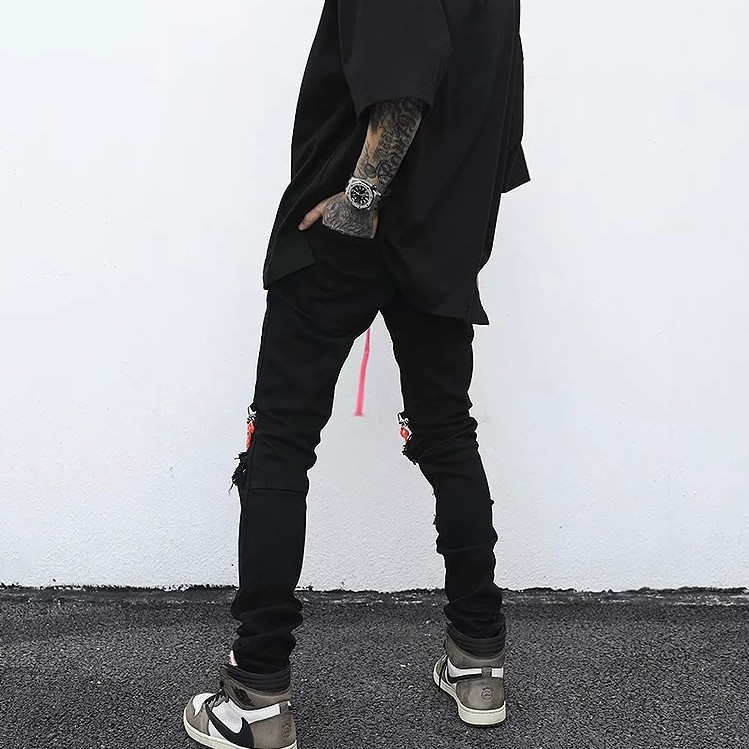 Quần jean dài dáng rộng màu đen phối dây rút phong cách hip hop Âu Mỹ thời trang cho nam và nữ size lớn M-4XL | BigBuy360 - bigbuy360.vn