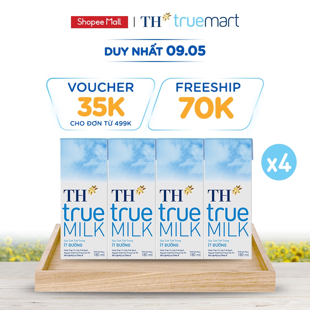 4 Lốc sữa tươi tiệt trùng ít đường TH True Milk 180ml (180ml x 4 hộp)