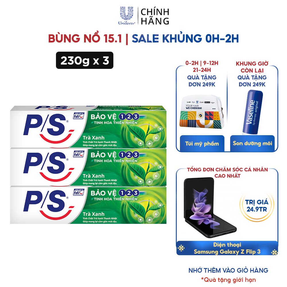 Bộ 3 Hộp Kem đánh răng P/S Thiên nhiên Trà Xanh giúp thanh nhiệt tự nhiên 230g