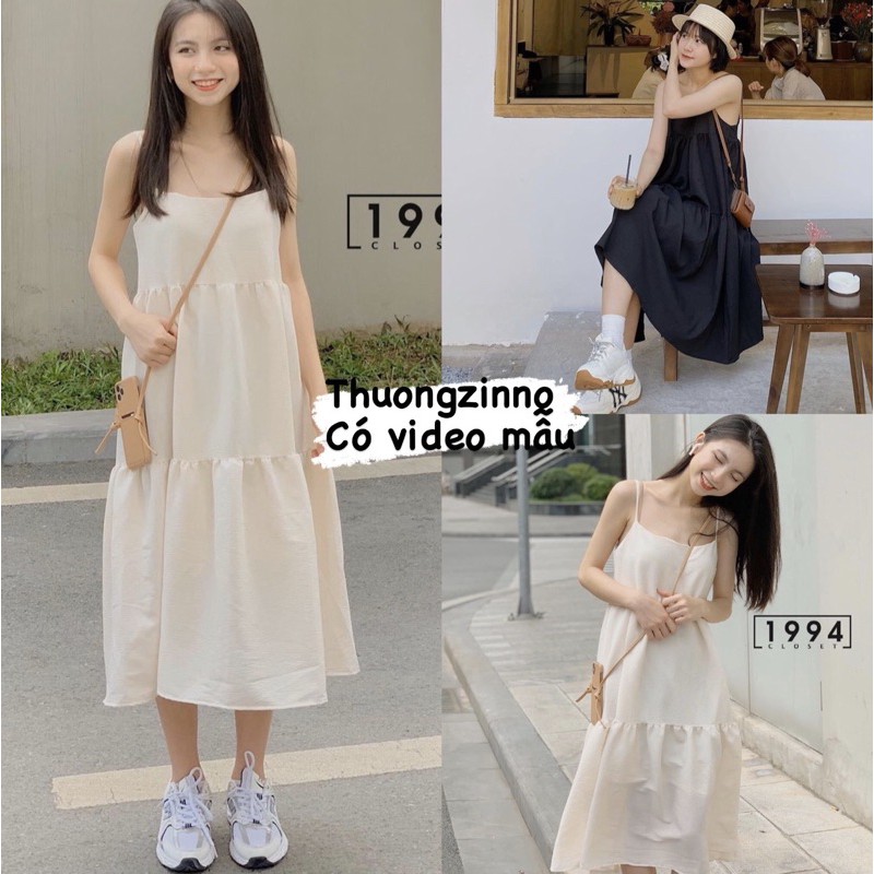 [Ảnh thật/Video]Váy hai dây xốp Lady ba tầng dáng babydoll form rộng xoè đầm 2 dây ulzang