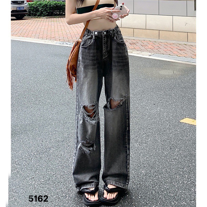 QUẦN JEANS ỐNG RỘNG NỮ LƯNG CAO CẠP CHỈNH RÁCH 3 MẢNG GỐI MÀU XÁM ĐẬM DÀY DẶN MỀM MỊN HOT HIT PHONG CÁCH NITI