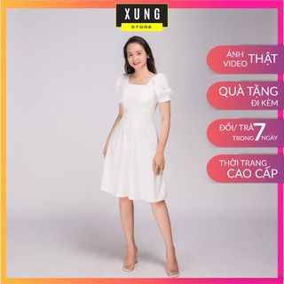 Váy đầm dáng xòe tay phồng cổ vuông Freesize 42-60kg – EveCloset