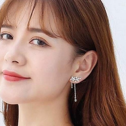 Khuyên tai bạc khuyên Hoa tua thả đá phong cách Tiểu Thư