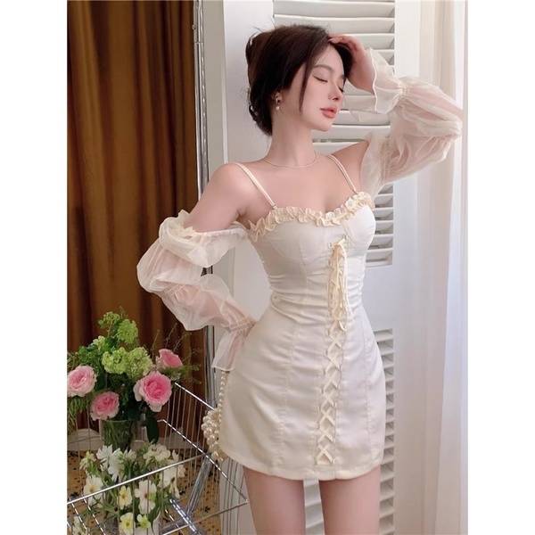 VÁY DÁNG ÔM PHỐI DÂY BUỘC TAY PHỒNG XUYÊN THẤU SEXY THỜI TRANG NỮ