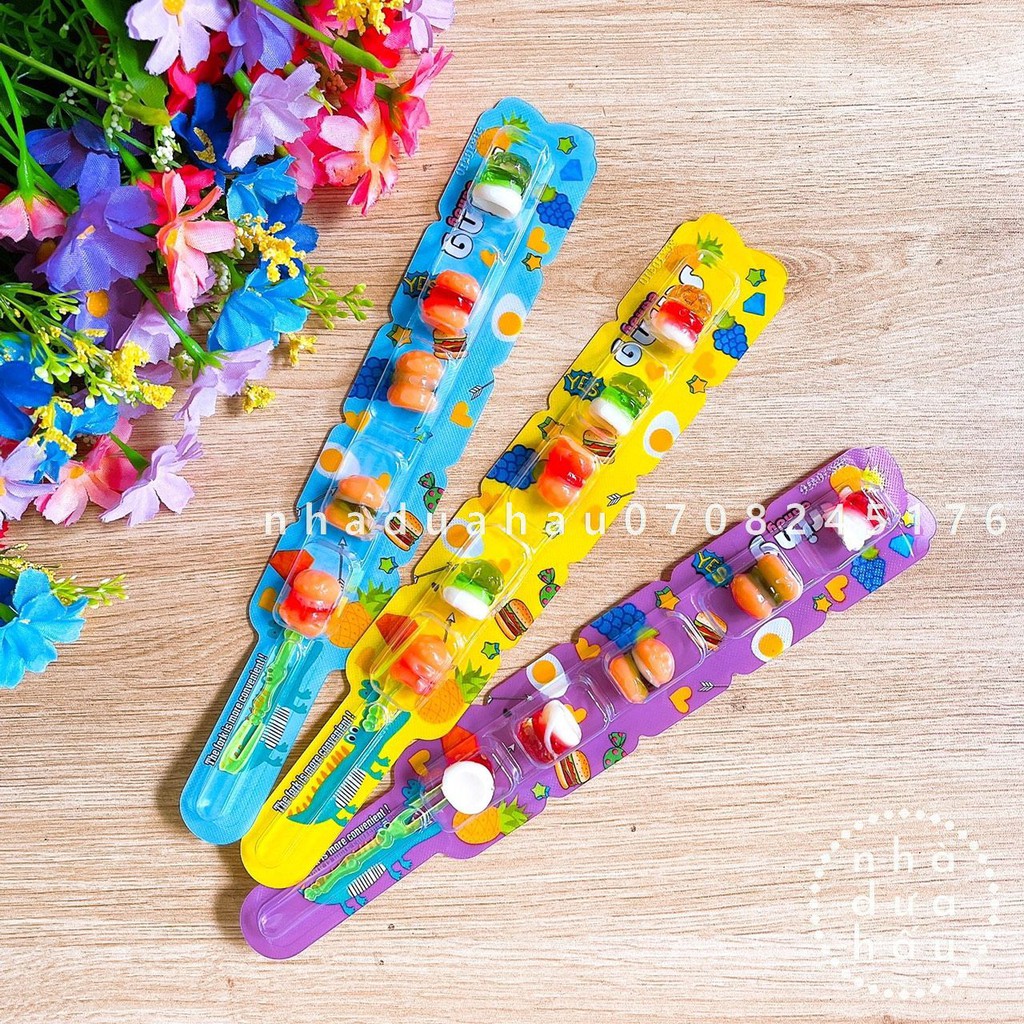 Combo 3 cây kẹo dẻo thạch vị trái cây mix hình nấm/ burger/ ốp la hiệu Funny Castle Hongkong kèm nĩa mini que 15g | BigBuy360 - bigbuy360.vn