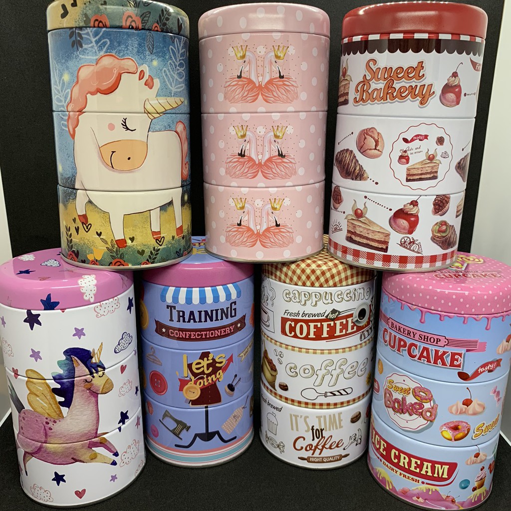 Hộp thiếc tròn 3 tầng siêu cute đựng bánh kẹo, phụ kiện