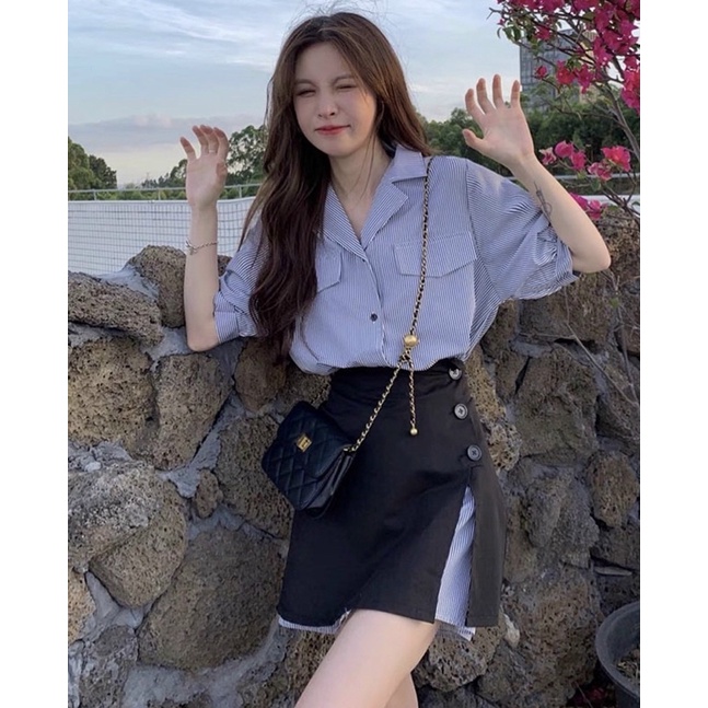 SET ĐẦM SƠ MI KẺ SỌC PHỐI CHÂN VÁY ĐEN