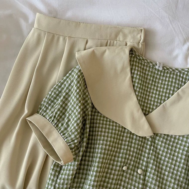 Set áo sơ mi kẻ caro xanh kèm chân váy dài - order