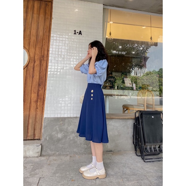 Chân váy THANH chất liệu linen form xoè đính cúc ✨