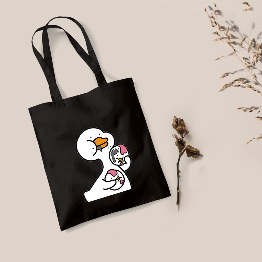 Túi tote màu đen đi học giá rẽ vải canvas chú vịt  phong cách hàn quốc có khóa kéo