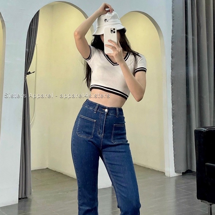 CROP CỔ V VIỀN ĐEN-AC068