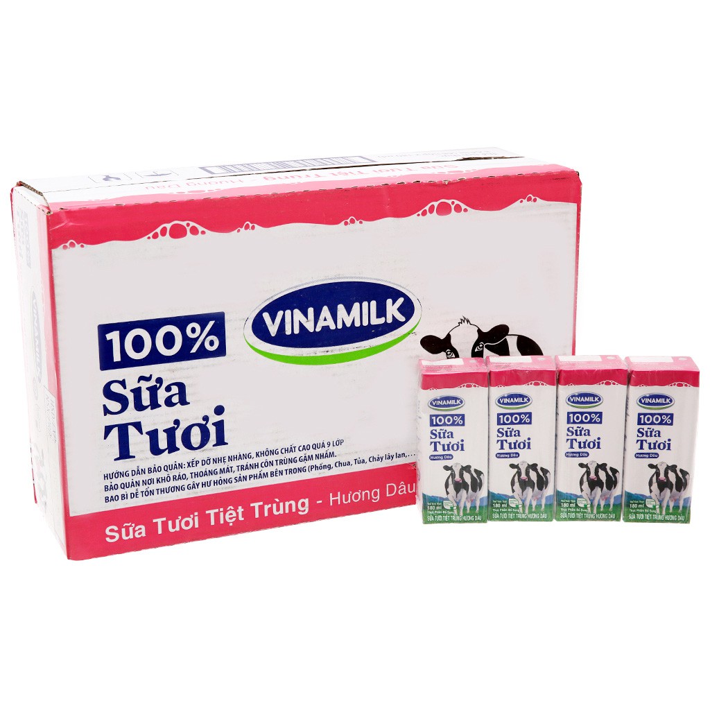 [CHÍNH HÃNG] Sữa Tươi Tiệt Trùng Vinamilk 100% Hương Dâu Thùng 48 Hộp x 180ml