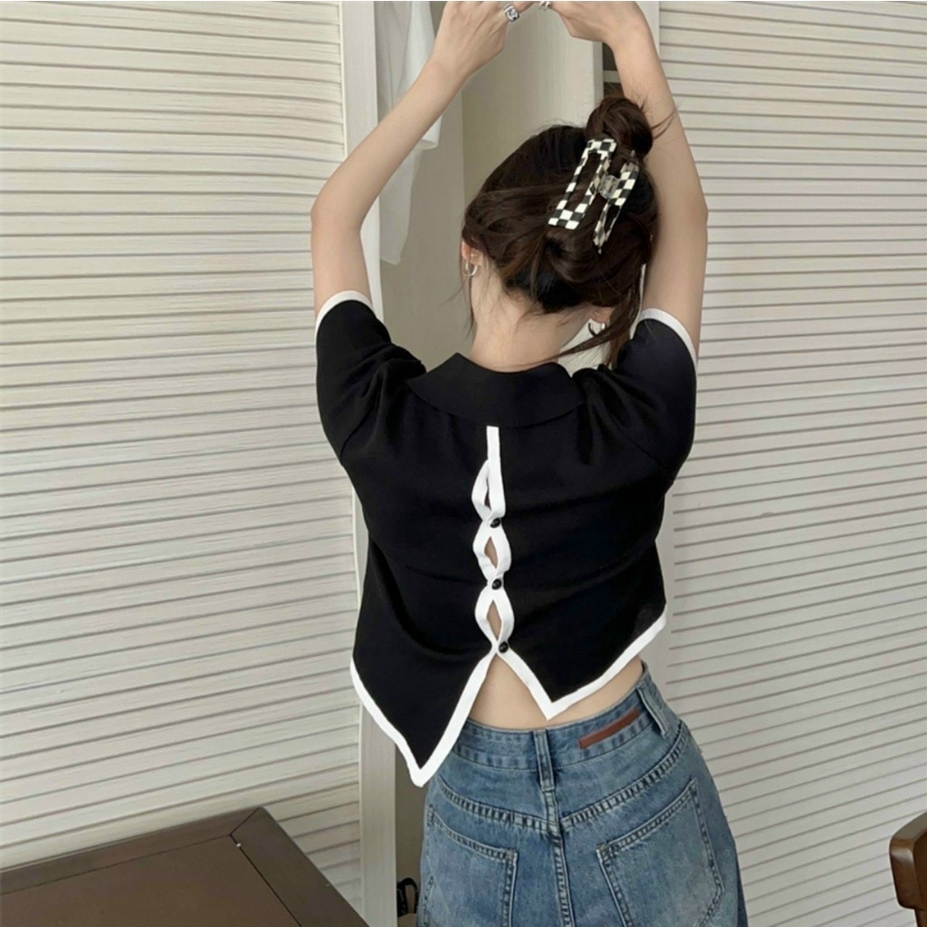 áo croptop vạt chéo tà cài nút sau cổ bẻ thun gân