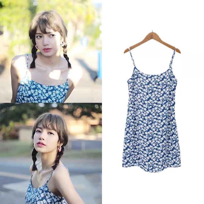 Đầm hai dây xanh hoa nhí giống Lisa Blackpink mặc trong Summer Diary