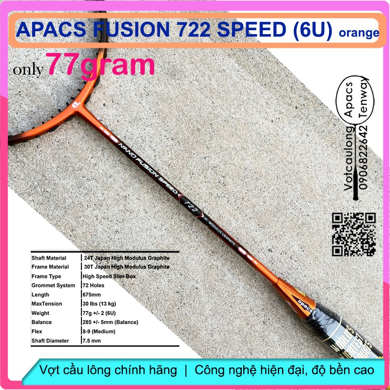 [Vợt cầu lông Apacs Nano Fusion Speed 722 Orange - 6U] Siêu nhẹ như không, cân bằng công thủ, sơn nhám tuyệt đẹp