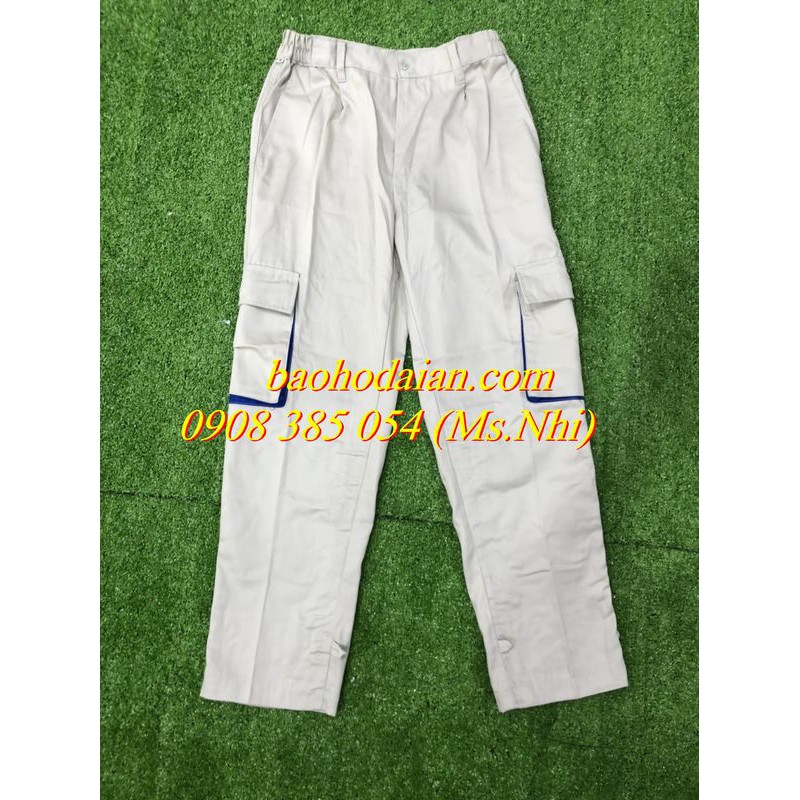 Quần áo bảo hộ lao động màu kem phối xanh vải kaki thấm hút mồ hôi M02- Hình thật