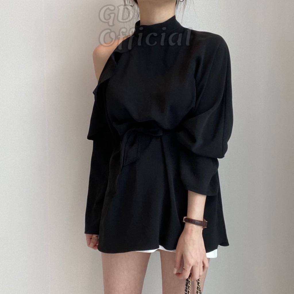 A48|Áo sơ mi voan dài công sở nữ sang trọng tối giản cổ lọ đứng tròn thắt lưng eo dài tay hở vai trắng đen GD Offcial