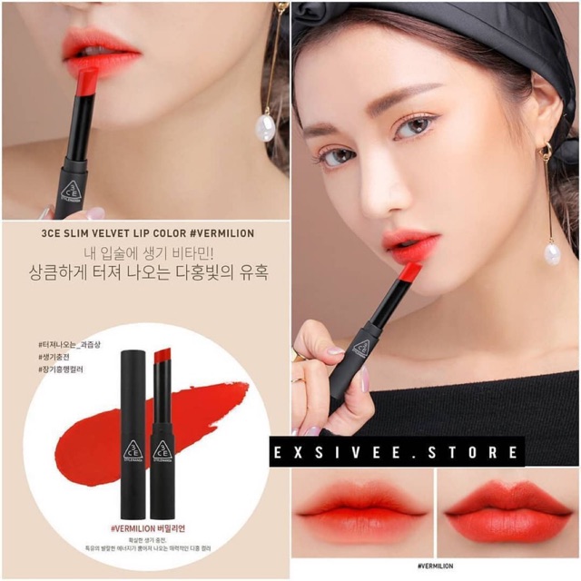 Son 3CE Slim Velvet Lipstick chất son mềm môi-lên màu chuẩn-nhiều tone xinh yêu mùa lễ hội