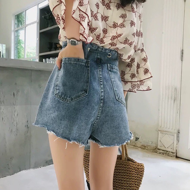 (Order) Có bigsize Quần short jeans cạp dập lỗ tròn luôn dây buộc, gấu rách 2019 Quảng Châu