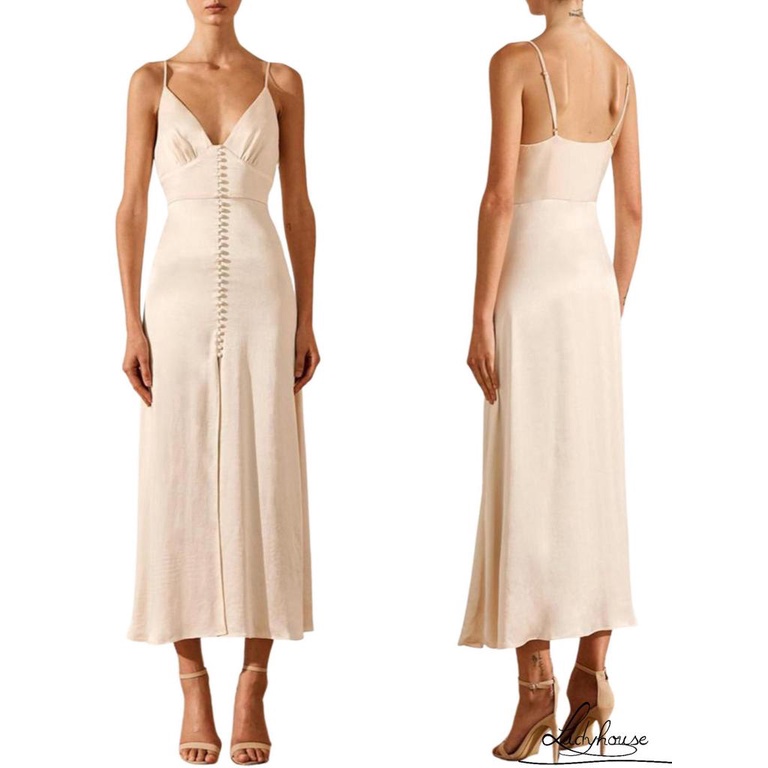 Đầm Dài Hai Dây Cổ Chữ V Màu Sắc Trơn Xẻ Tà Lưng Cao Thời Trang Cho Nữ