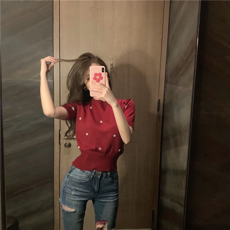 Áo Thun Dệt Kim Tay Phồng Thời Trang Mùa Hè Phong Cách Hàn Quốc Cho Nữ