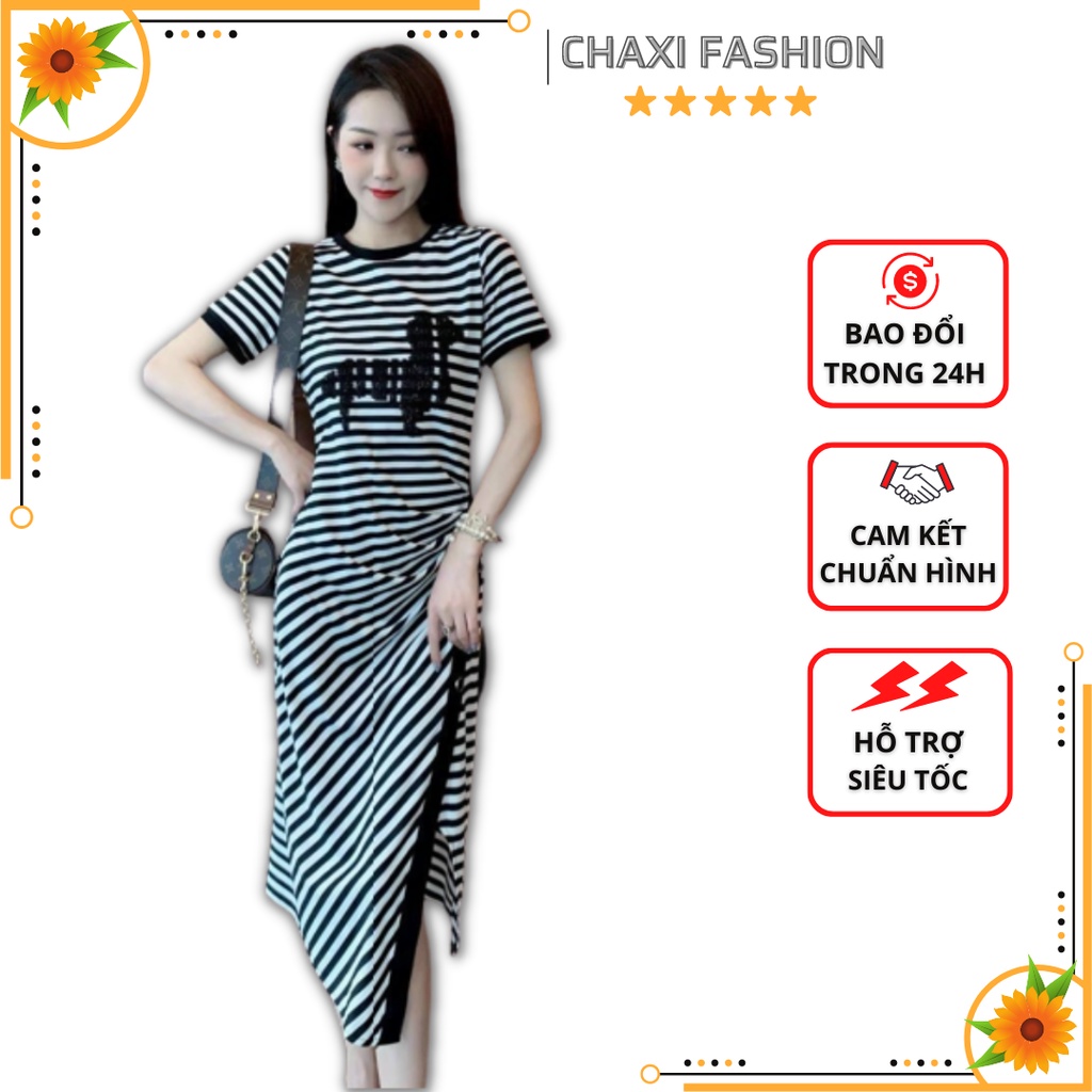 HÀNG NHẬP - ĐẦM THUN BODY SỌC NGANG TÀ XẺ XÉO DÁNG DÀI CAO CẤP - KBT364410
