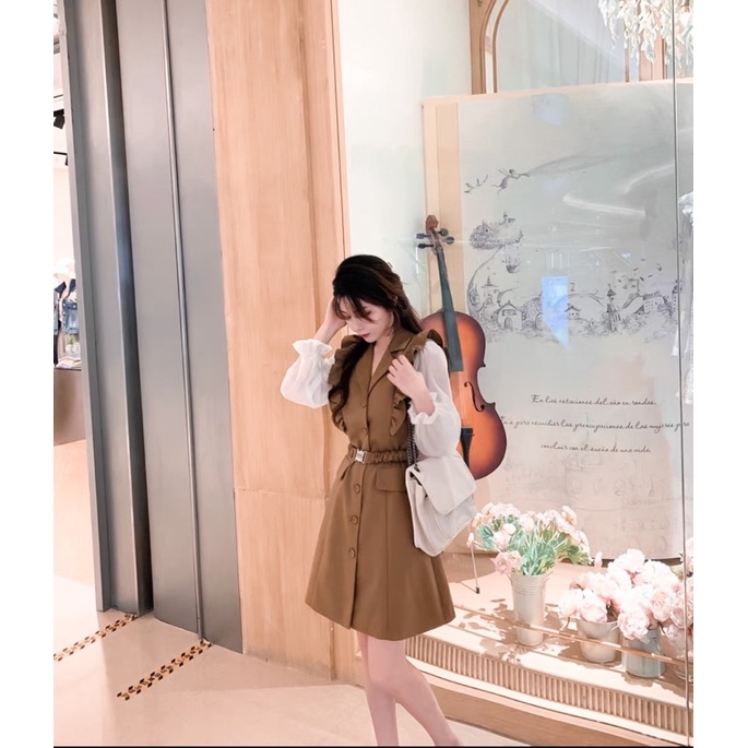 ĐẦM VIỀN TAY BÈO PHỐI 2 MÀU NÂU - ĐEN