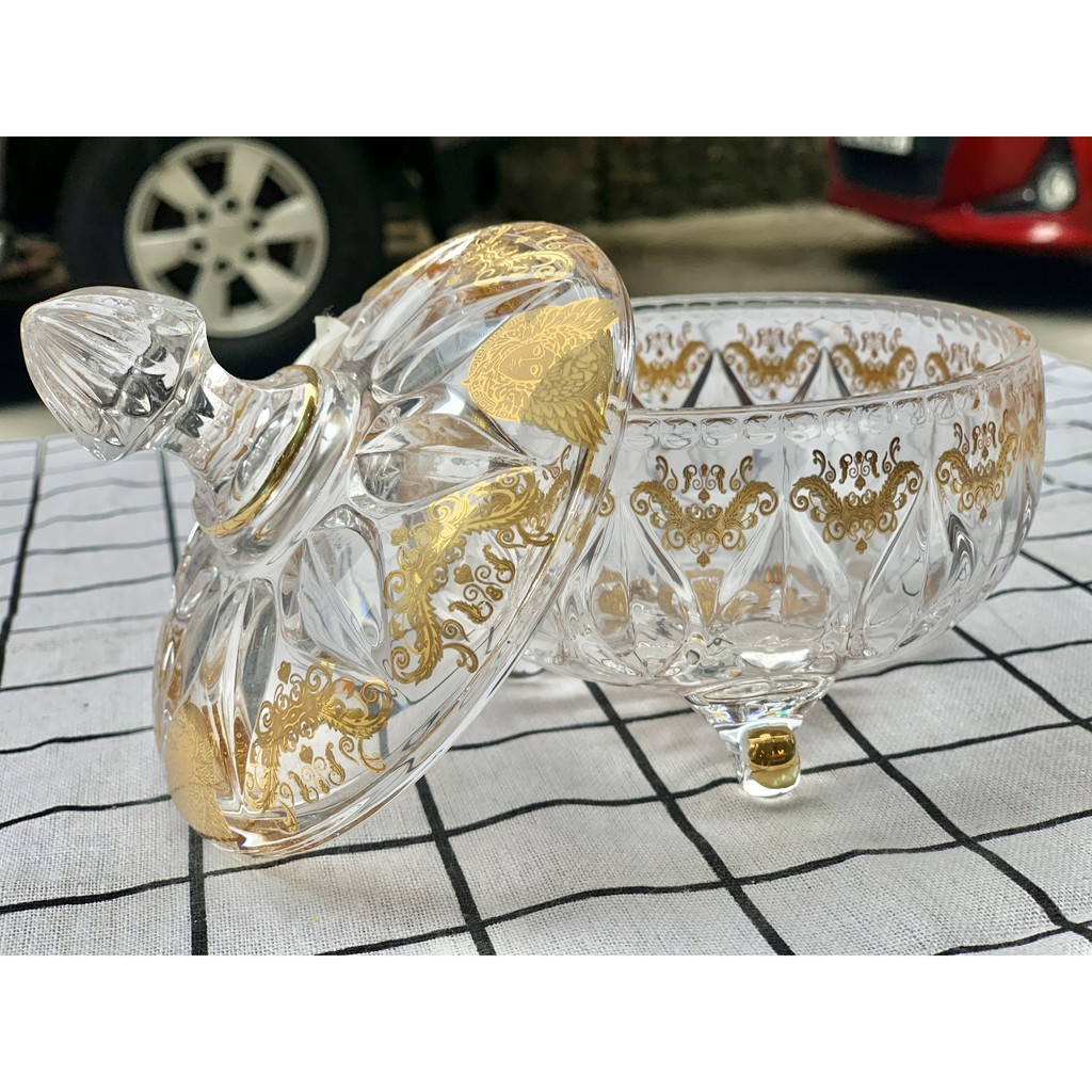 [Sỉ] Âu thố hũ pha lê có chân mạ vàng có nắp đậy đựng ô mai mứt bánh kẹo sang trọng cao cấp dày dặn đẹp M3