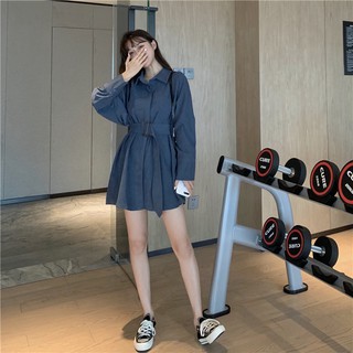 ĐẦM SƠ MI NỮ TAY DÀI PHỐI DÂY ĐEO THẮT EO