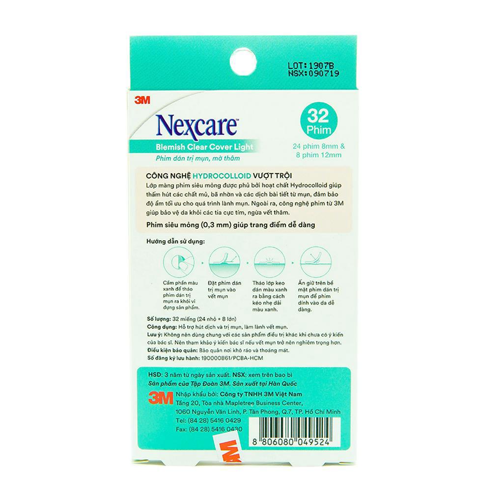 Miếng dán mụn Nexcare 3M hộp 32 miếng (24 miếng 8mm, 8 miếng 12mm) - Siêu mỏng, không thấm nước BBC LIGHT