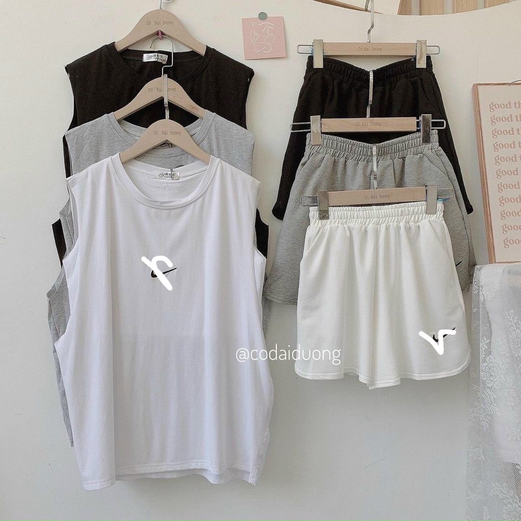 Set áo thun Tanktop mix quần short đùi in logo tích form rộng, bộ áo ba lỗ quần đùi trơn basic ulzzang