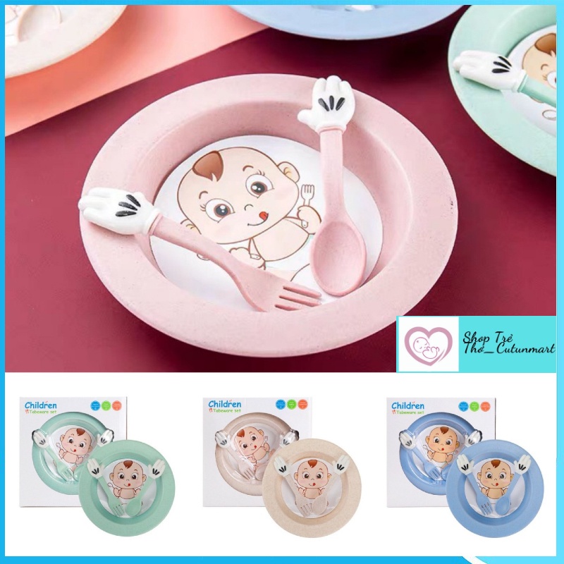 Combo Khay ăn dặm lúa mạch cao cấp hình tròn dễ thương cho bé ập ăn dặm kèm set thìa dĩa-Hàng loại 1 kèm hộp