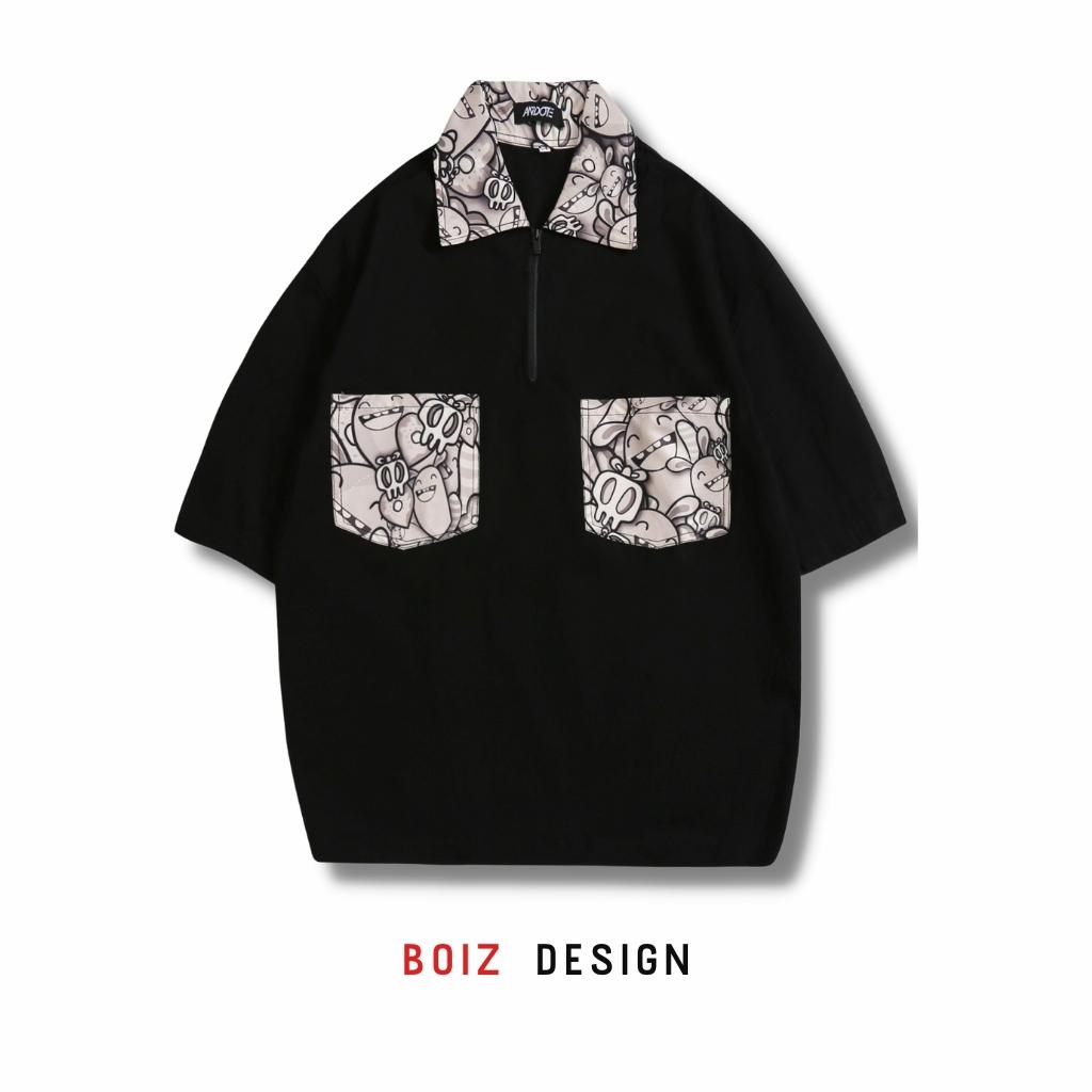 Áo sơ mi nam nữ tay ngắn Moster Boiz áo sơ mi form rộng unisex cổ dây kéo