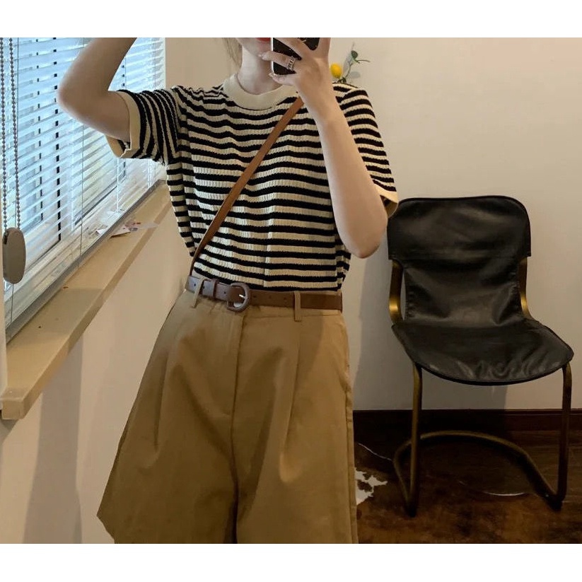 Bộ Áo Sweater + Quần Short Lưng Cao Ống Rộng Họa Tiết Kẻ Sọc Phong Cách Hàn Quốc Thời Trang Mùa Hè 2022