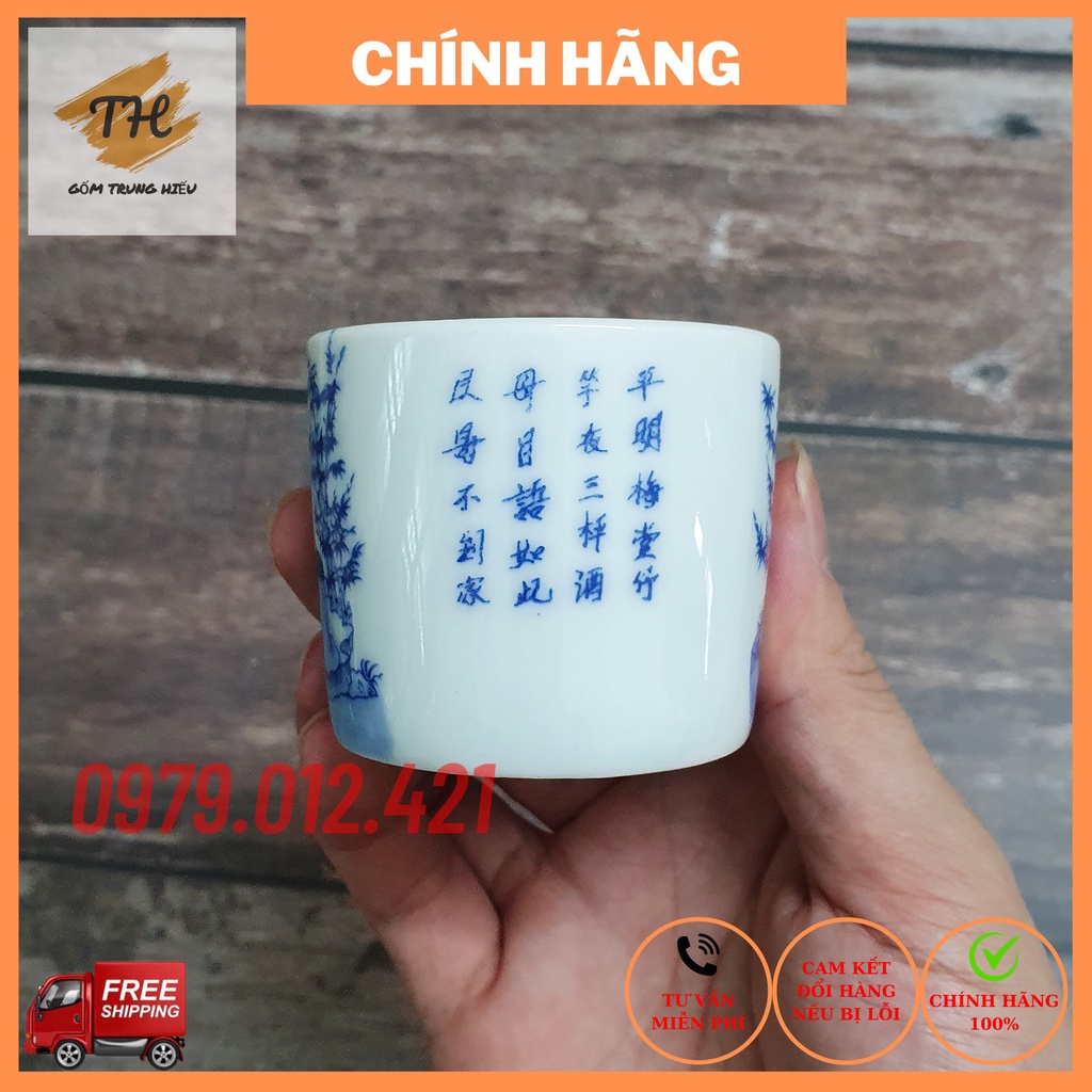 Bộ chén đĩa lẻ uống trà xanh men lam Bát Tràng cao cấp tích trúc lâm thất hiền