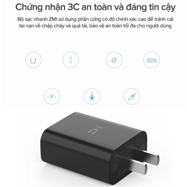 Củ Sạc Nhanh ZMI HA612 18W-đen iPhone iPad Android sạc nhanh Adapter sạc nhanh iphone