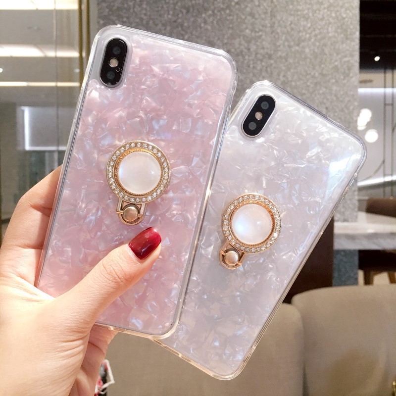 Ốp điện thoại mềm họa tiết vỏ sò có giá đỡ dạng vòng tròn đính đá cho iPhone 11 Pro Apple 6/ 7/ 8p/XS