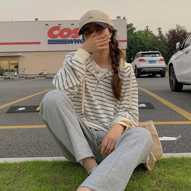 Áo hoodies SUXI tay dài hoạ tiết kẻ sọc màu tương phản cho nữ