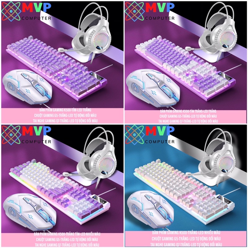 Bàn Phím Chuột Tai Nghe Máy Tính Laptop Gaming YINDIAO K500-G5-Q7 LED RGB Cao Cấp Có Nhiều Màu Hồng Xanh Tím Trắng Đen
