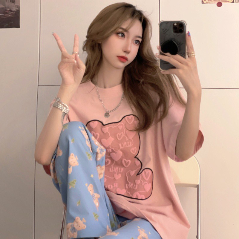 Áo Thun Nữ Tay Ngắn Dáng Rộng In Hình Gấu Dễ Thương