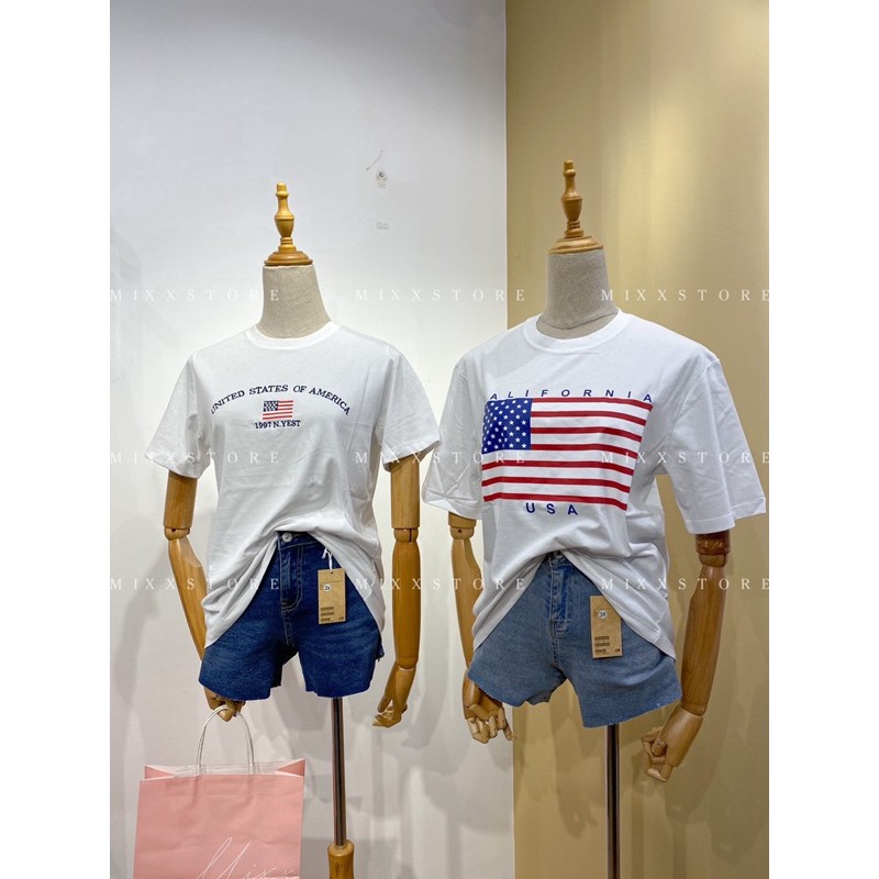 Áo Thun Nữ Tay Ngắn In Hình Cờ Mỹ thun xịn cao cấp dày vừa mềm mịn phom suông rộng thoải mái cá tính thời trang MIXX STO