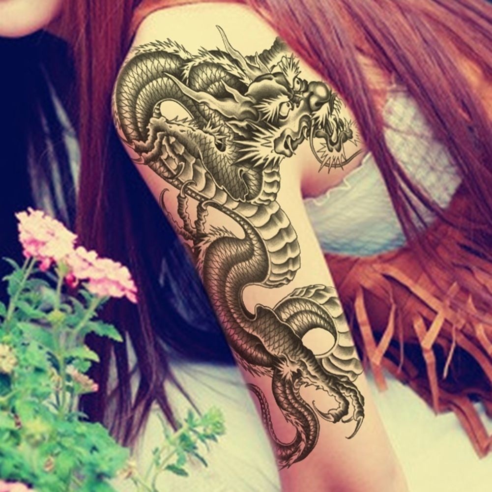 Miếng Dán Hình Xăm 3D Họa Tiết Rồng Đen Chống Nước Cho Nam