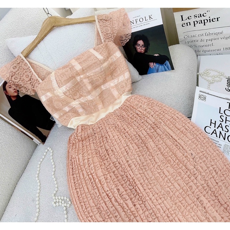 Đầm ren xếp dập ly xoè cổ vuông vai cánh tiên Trắng đen nude Đầm váy đi chơi dạo phố dự tiệc sang trọng sexy hotgirl tk