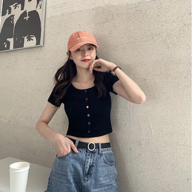 Áo Croptop nữ Ulzzang trơn body dính cúc màu | BigBuy360 - bigbuy360.vn