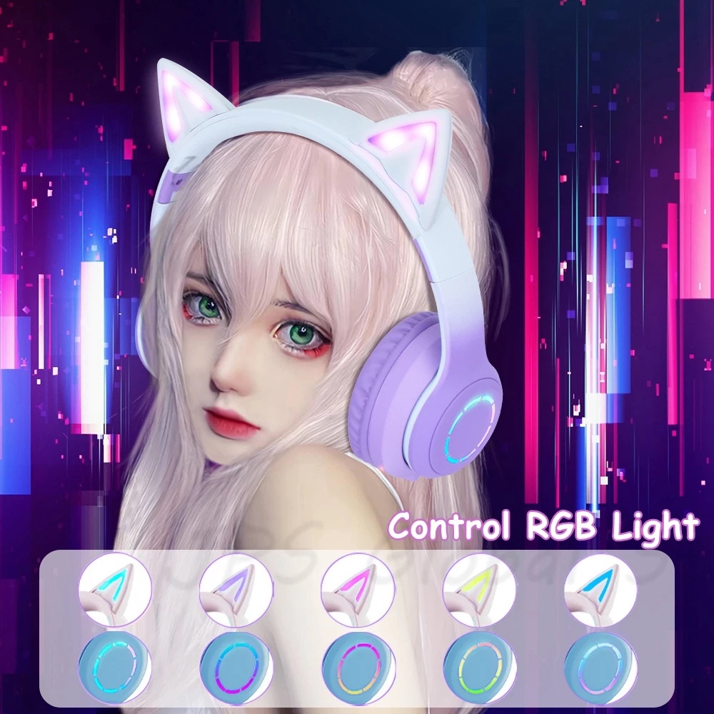 Tai Nghe Chụp Tai Bluetooth Không Dây Hình Tai Mèo Màu Hồng Có Mic Điều Khiển Ánh Sáng RGB Cho Điện Thoại / Máy Tính