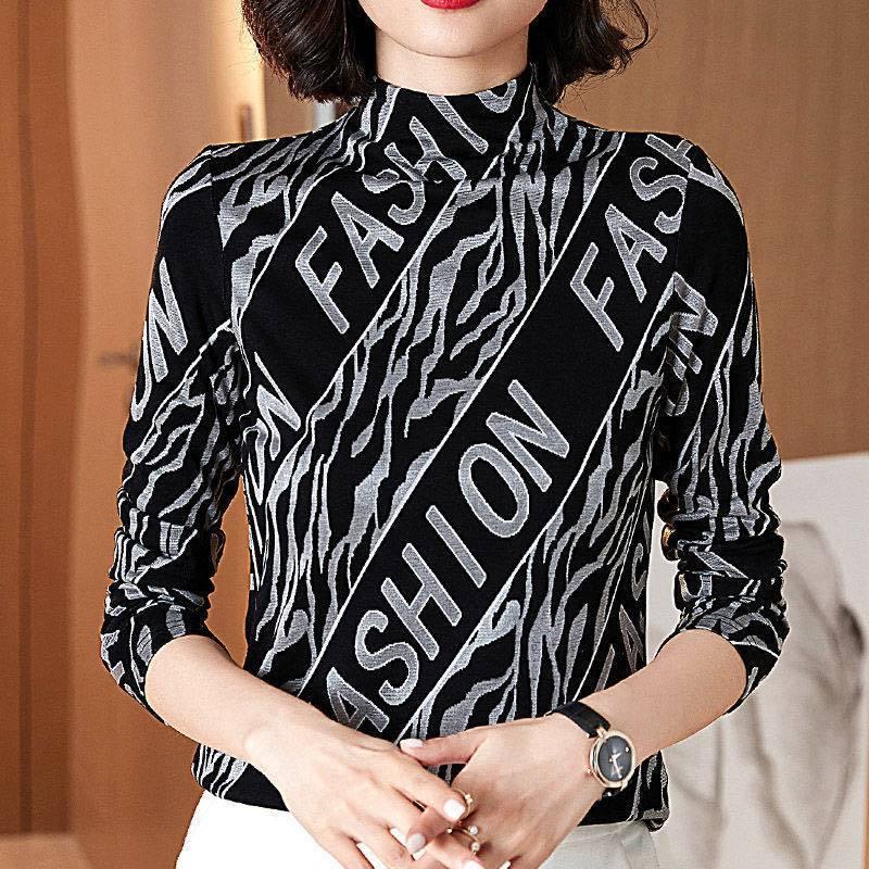 Áo thun tay dài in chữ thời trang cho phụ nữ trung niên