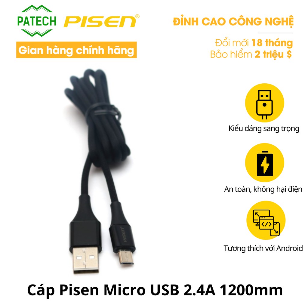 [Mã BMLT30 giảm đến 30K đơn 99K] Cáp PISEN Micro USB 2.4A braided 1200m(Anti-break) - (MU18-1200) - Hàng chính hãng