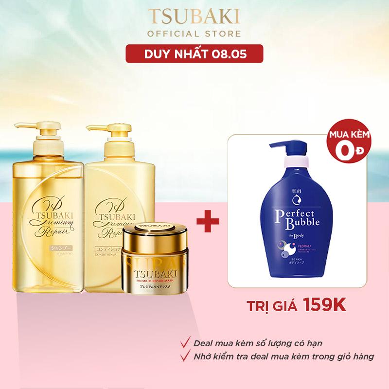 Combo gội xả Phục hồi ngăn rụng tóc Premium Repair (490ml/chai) và Mặt nạ tóc phục hồi hư tổn Tsubaki (180g)