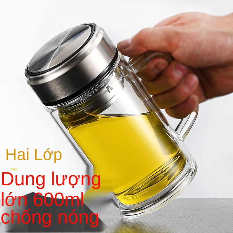 Cốc thủy tinh nam dày hai lớp đựng trà dung tích lớn có nắp văn phòng kinh doanh hộ gia đình nước lọc